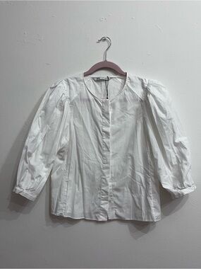 Zara White Puff-Sleeve Button-Front Blouse